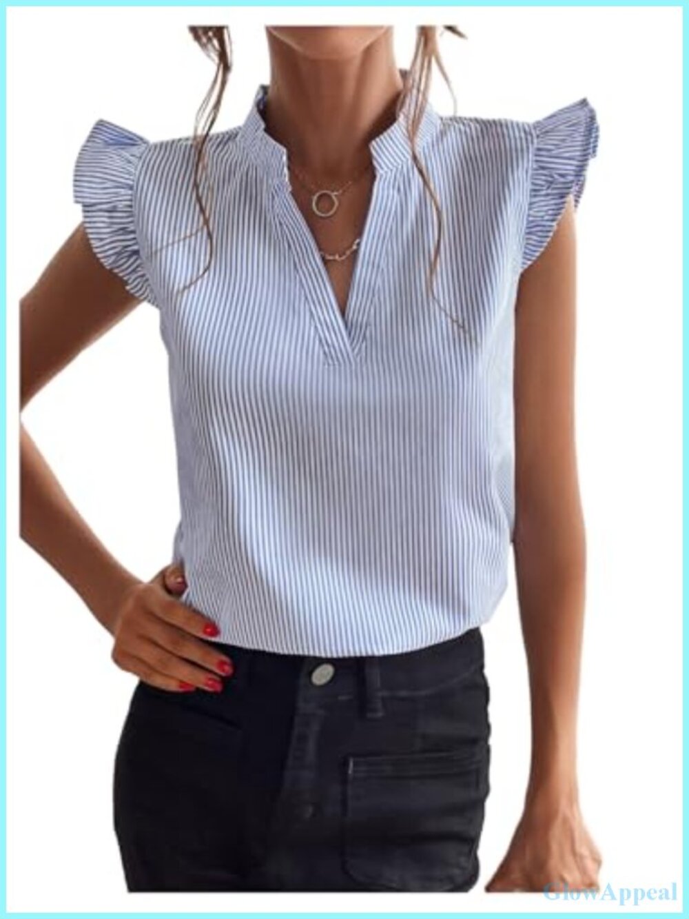 Striped V-Neck Ruffle Cap Sleeve Blouse Casual Summer Top for Women